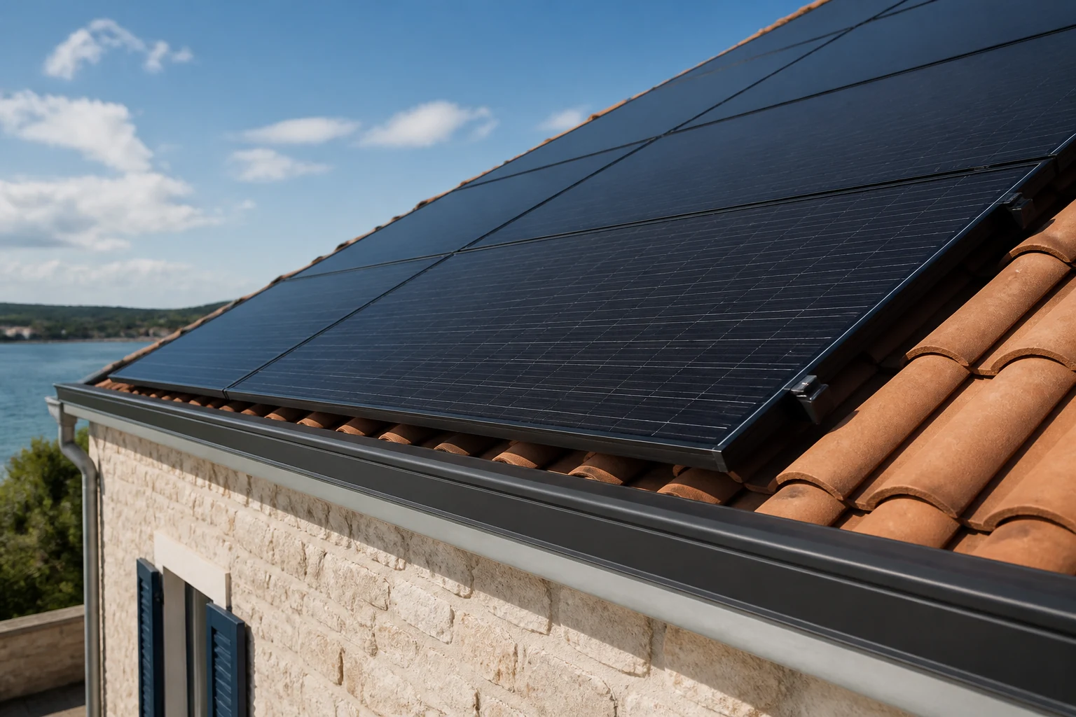 Pose professionnelle de modules photovoltaïques sur une toiture en tuiles