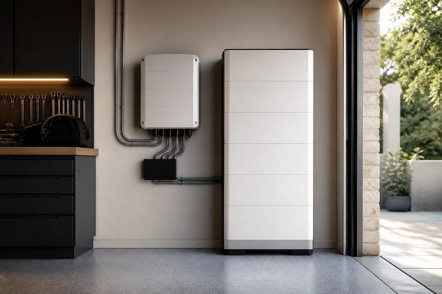 Batterie solaire installée dans un garage ventilé