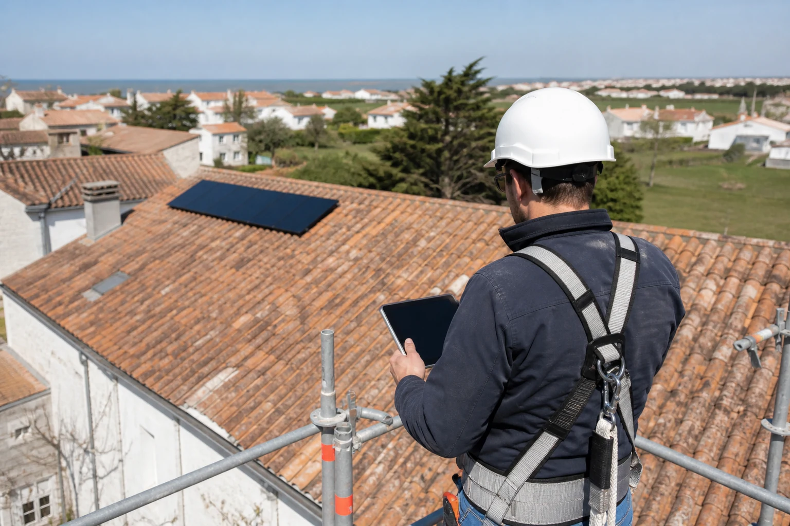 Technicien réalisant un relevé de toiture